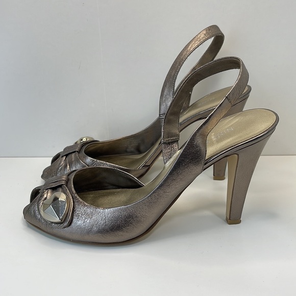 Nine West Pewter Peep toe Sling back leather shoes 8.5 - Picture 6 of 11